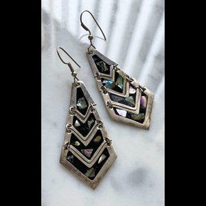Vintage Alpaca Sterling Silver Articulated Drop Earrings w/ Abalone Chip Inlay